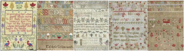 GROUP OF FIVE ANTIQUE SAMPLERS comprising alphabetical sampler by Elizabeth Collins 1767, 2 x