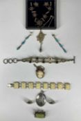 ASSORTED SILVER JEWELLERY in six boxes, including chunky green stone bracelet, brooch, turquoise