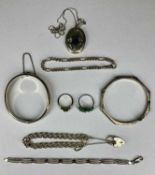 ASSORTED SILVER JEWELLERY including octagonal hinged bangle, oval hinged bangle, three bracelets,