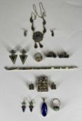 ASSORTED SILVER COSTUME JEWELLERY, contained within five boxes, including abalone tennis bracelet,