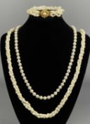 FRESHWATER PEARL TRIPLE STRAND NECKLACE with silver gilt clasp, 30cms (l), similar bracelet and