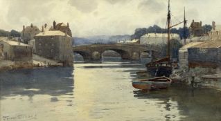 WARREN WILLIAMS (Welsh 1863 - 1918) watercolour - bridge over river with boats in foreground, signed