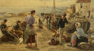 ‡ BASIL BRADLEY RWS (British 1842 - 1904) watercolour - entitled verso 'Preparing Nets for Fishing
