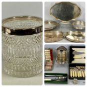 ASSORTED PLATED ITEMS including large cut glass wine cooler with plated mount and ring side handles,