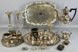 ASSORTED PLATED ITEMS including four-piece oval EPNS tea service, oval meat plate, pair of EPNS