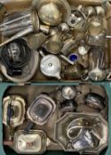 ASSORTED PLATED/WHITE METAL ITEMS including teapots, chambersticks, muffin dish and cover,