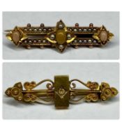 VICTORIAN YELLOW METAL BAR BROOCHES, one set with coral and seed pearl, unmarked but possibly