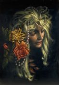 ROBERT TUSON (British 20th century) mixed media - girl with flowers and pearls in her hair, signed