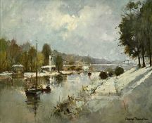 GEORGE THOMPSON (British 1934 - 2019) oil on canvas - Queens Park Suspension Bridge, River Dee,