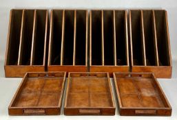 FOUR TAN LEATHER TRIPLE FILE HOLDERS with stitched detail and three matching in-trays Provenance: