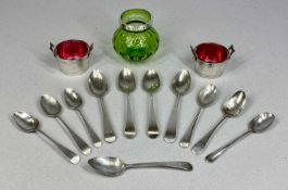 ELEVEN MIXED GEORGE III SILVER TEASPOONS, 4.5ozt, along with pair of EPNS circular open 'bucket