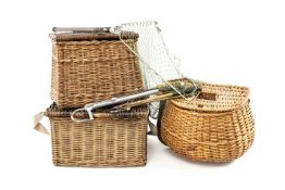 THE FISHING CLUB HOUSE: CREELS, GAFFS & NET, including two square and one shaped oval wicker