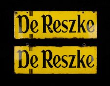 THE ADVERTISING CLUB HOUSE: TWO VINTAGE 'DE RESKE' ENAMEL SIGNS, 15 x 56cms (2) Provenance: