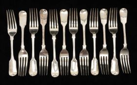 SET OF TEN VICTORIAN SILVER FORKS, fiddle pattern, London 1839, Joseph II & Albert Savory,