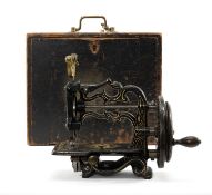 RARE VICTORIAN JAMES WEIR OF LONDON SEWING MACHINE, cast iron, stamped 'H.166', in stained pine
