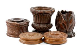 ASSORTED CARVED & ENGINE TURNED TREEN including one containing a poem inscribed on label 'To a