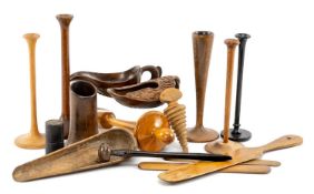 ASSORTED INTERESTING MEDICAL INSTRUMENTS including foetal stethoscopes, carved pap boats, tongue