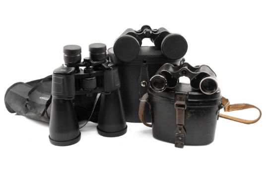 THREE PAIRS BINOCULARS, including modern Prinzlux 12 x 50 cased binoculars, vintage Bakelite cased