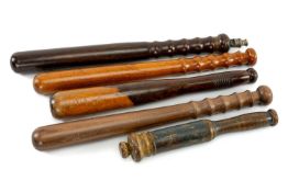 ASSORTED POLICE TRUNCHEONS including A. C. Riome (Gravesend) patent truncheon/police whistle, lignum