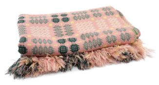 WELSH WOOLLEN BLANKET (CARTHEN), woven in pink, green, lemon, & white, in a geometric pattern,