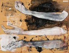 ‡ NICKY ARSCOTT (Welsh Poet and Artist) mixed media on panel - entitled, 'Lily White Hands, signed