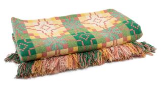 WELSH WOOLLEN BLANKET (CARTHEN), woven in green, pink, yellow & white in a geometric pattern,