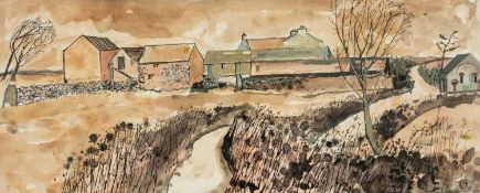 LATE 20TH CENTURY SCHOOL, watercolour - farmstead in Autumn with country lane and outbuildings,
