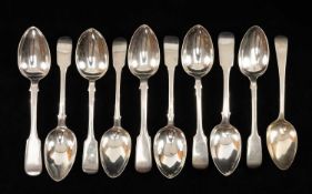 GROUP OF TEN SIMILAR SILVER SPOONS, various hallmarks, mainly fiddle pattern, 14ozt overall