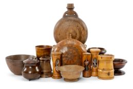 MIXED GROUP OF TREEN including boxwood castle moneybox, three egg timers, olive wood match holder/