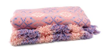 WELSH WOOLLEN BLANKET (CARTHEN), woven in pink, blue, and white in a geometric pattern, fringe,
