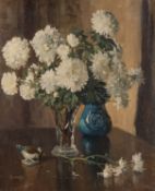 JOSEPH EDWARD HENNAH (1896-1963) oil on board - still life of white chrysanthemums in a vase