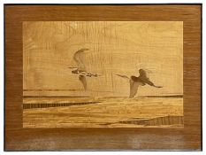 LARGE MARQUETRY PANEL, depicting herons in flight, over estuary landscape, in contrasting inlaid