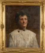 19TH C. BRITISH SCHOOL, oil on canvas - portrait of a lady in a white lace dress wearing spectacles,