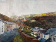 CERI BARCLAY (Welsh b. 1937) oil on canvas - street scene with terraced houses, Rhondda valley,
