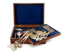 ANTIQUE EPNS CANTEEN, in mahogany 2-tier case, containing double struck Kings pattern flatware for