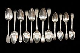 GROUP OF ASSORTED SILVER SPOONS comprising four fiddle and shell spoons with engraved crest, eight