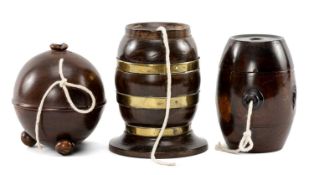 THREE STRING BOXES, two modelled as barrels, one with brass hoops, and third spherical box with