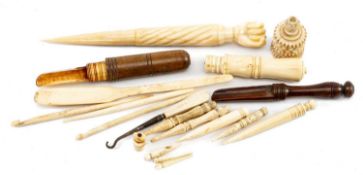 ASSORTED WOOD & BONE TREEN, including apple corers, marrow scoop, small pegs, crochet hook, button