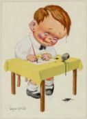 DONALD MCGILL (1875-1962) gouache - A Hasty Note, a small child writing a postcard, signed,