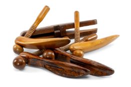 TWO PAIRS OF SHOE TREES, one pair with painted grain decoration, together with folding oak boot