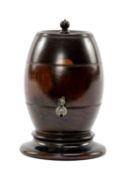 GOOD LIGNUM VITAE STRING BOX, modelled as barrel on stand, with gilt brass barrel tap, 11.5cms (h)
