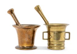 TWO BRONZE MORTARS & PESTLES, one with square loop handles, both about 10cms (h) Provenance: the