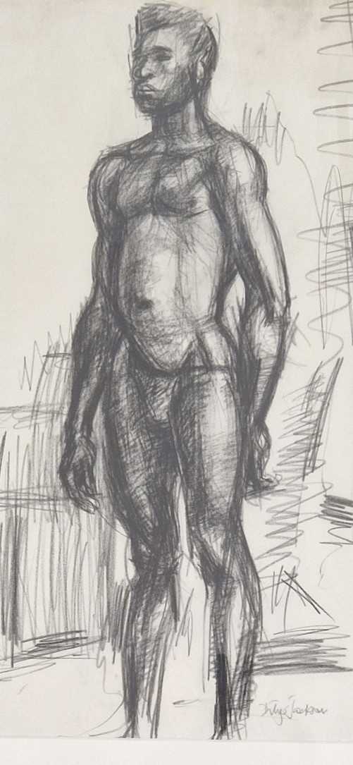 DILYS JACKSON (b. 1938) graphite/charcoal - 'Standing Figure', signed, 60 x 37cms Provenance: