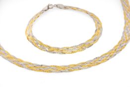 ITALIAN 9CT GOLD NECKLACE & BRACELET, of plaited yellow and white gold ribbon form, with circlet