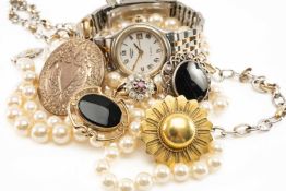 MIXED COLLECTION JEWELLERY, including 2 brooches mounted in 9ct gold and silver, silver chain,