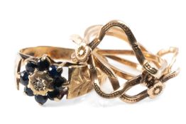 TWO GOLD RINGS, comprising 9ct sapphire and diamond floral cluster ring, with leaf engraved