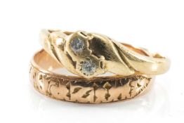 TWO 9CT GOLD RINGS, one set with two diamond chips, 3.1gms gross (2) Provenance: private