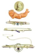 THREE 9CT GOLD BAR BROOCHES, amethyst, split seed pearl and aquamarine set, coral carved figural