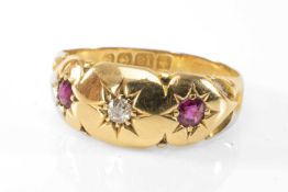ANTIQUE 18CT GOLD RUBY & DIAMOND THREE STONE RING, Birmingham 1906, ring size L 1/2, 2.5gms in