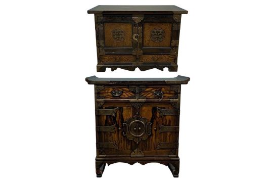 TWO KOREAN LOW CABINETS, both with brass mounts, drawers and cupboards, largest 70 (h) x 67 (w) x - Image 1 of 5